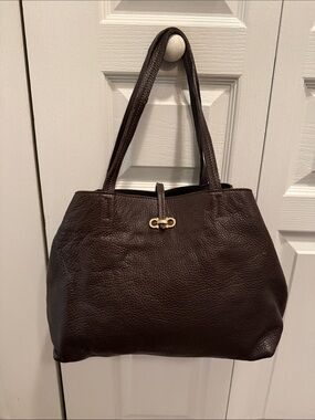 Salvatore Ferragamo Dark Brown Pebble Leather Tote with Gold Hardware
